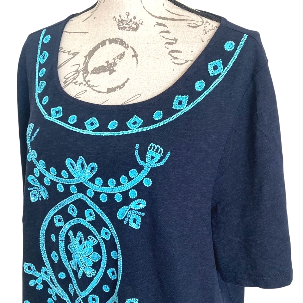 Talbots Beaded embroidered sequin blue tunic boho top 2X Cotton Resort Preppy - Picture 11 of 16